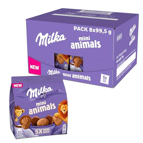 Milka Mini Animals, Galletas Bañadas en Chocolate con Leche de los Alpes, Caja 8 Packs de 5 x 19,9 g