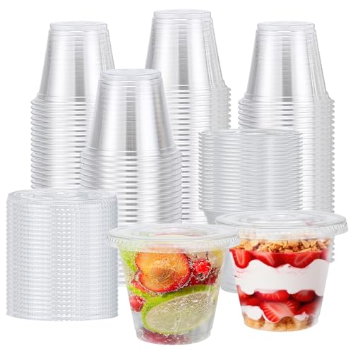 BYSNOW 300 Packs 9 oz Clear Plastic Cups with Flat Lids, Disposable Cups with Lids, Reusable Plastic Dessert Cups for Ice Cream, Cake, Snacks, Fruit, Cold Drinks, Milkshake, Pudding, Salad