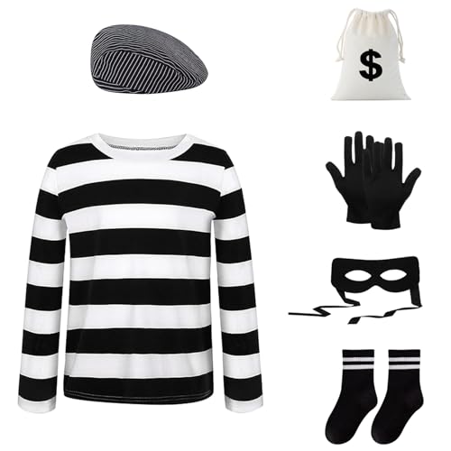 Disfarce de ladrão para crianças, conjunto de 6 peças com t-shirt às riscas, boinas, anti-face, bolsas, luvas e meias, fantasia de ladrão para crianças, para Halloween, carnaval (120)