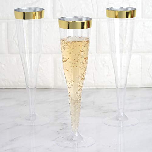 BalsaCircle 24 pcs 6 oz Clear with Gold Rim Plastic Champagne Flutes Glasses - Disposable Wedding Party Catering Tableware