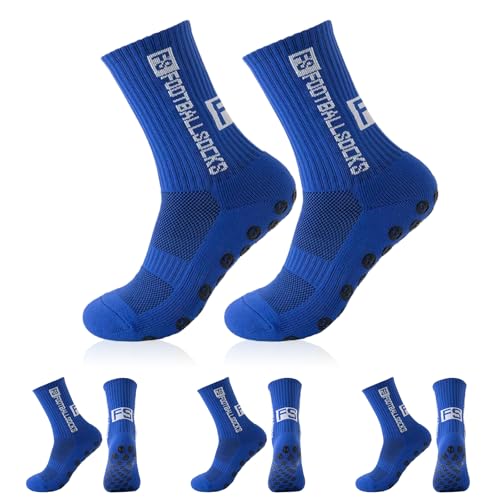 FESDMOH 3 Pares Calcetines Futbol Hombre, ​​Calcetines Antideslizantes Futbol, Football Socks, para Fútbol, ​​Baloncesto y Correr (Azul)