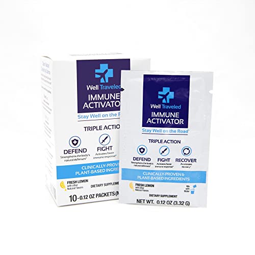 Well Traveled Immune Activator | Daily Immune Support Supplement Drink Mix | Prebiotics, Postbiotics, Vitamin C, Vitamin D, Zinc | Natural Ingredients | No Added Sugar | Lemon Flavor | 10 Count #TOP27