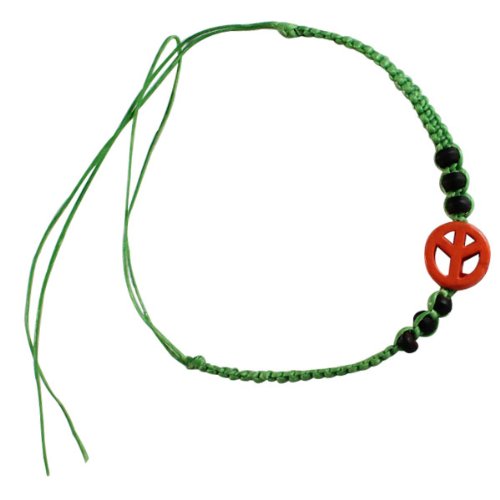 Chic-net pulsera símbolo de la Paz rojo coral verde cuentas de madera negras cera hilo handgefädelt unisex