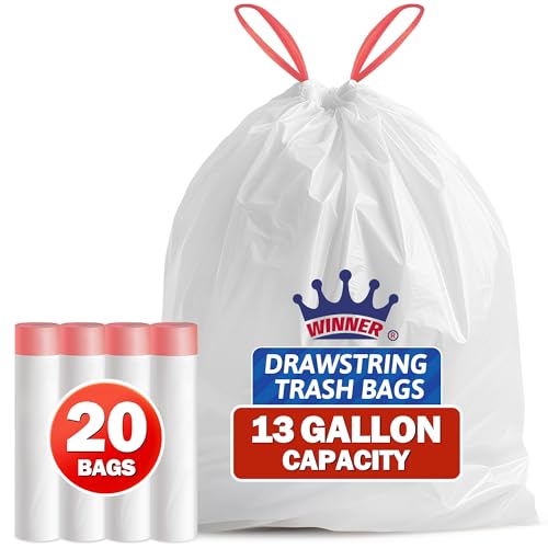 WINNER Trash Bags 13 Gallon, 20 Count Drawstring Tall Kitchen Garbage Bags, Unscented White Plastic Bags, Heavy Duty Trash Can Wastebasket Bin Liners for Bathroom Apartment Office Home & Kitchen