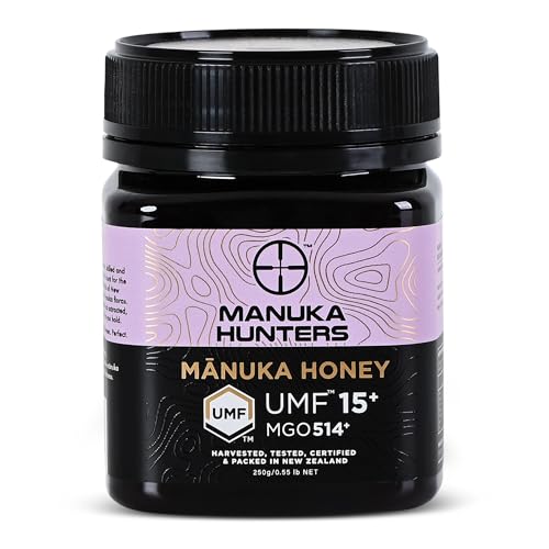 Manuka Hunters UMF 15+/MGO 514+ Certified New Zealand Manuka Honey - 100% Pure Natural Sweetener - Gluten, Dairy Free - Ideal for Tea, Coffee, Smoothies, and Baking - Sustainable - 8.8oz/250g Jar