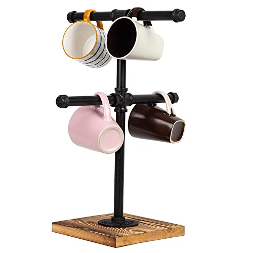 Exoliry Mug Hanging Tree Cup Holder Industrial Black Metal Pipe Rustic White Washed Torched Wooden Base Rack Wood Organizer Multiple Branches Coffee Cups Teacups Stand Home Kitchen Counter #TOP2