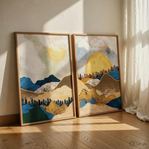Image of Livin'luxe Abstract Mountain Landscape Wall Painting Set of 2 with Wooden Frames | Modern Sun Mountain Artwork HD Sparkle Laminated MDF Wall Decor | Nature Wall Art for Living Room