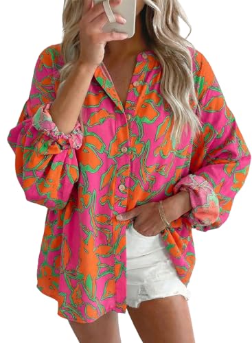 Astylish Women Boho Floral Loose Spring Summer Tops Beach Fashion V Neck Breathable Puff Sleeve Flowy Blouses Button Down Button Down Business Casual Shirts Rose Large