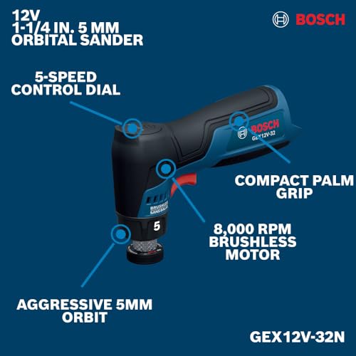 BOSCH GEX12V-32N Cordless Random Orbital Sander, 12V Brushless 1-1/4 Inch Detail Sander, 5mm Orbit for Wet and Dry Automotive Spot Sanding, Variable Speed (Bare Tool) thumbnail 2