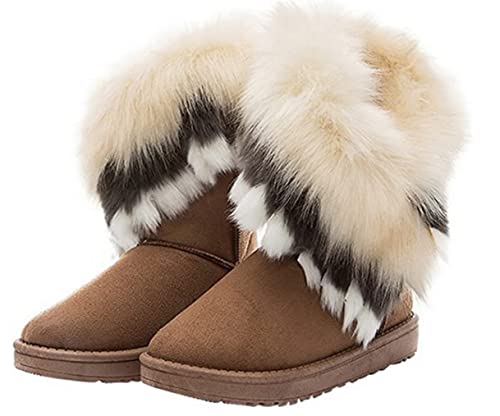 Women Winter Snow Boots Warm Faux Fur Tassel Boots Mid Calf Flat Ankle Shoes 1Pair.4