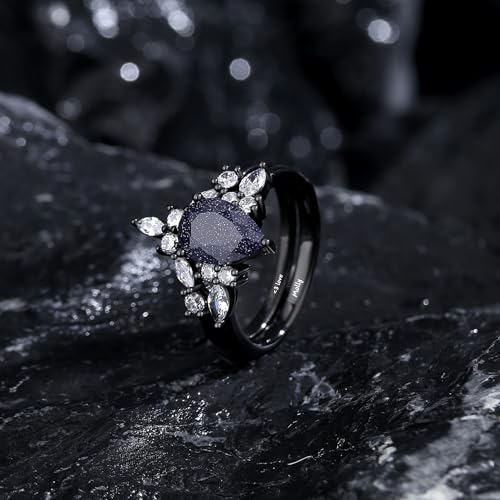 Elegant Blue Sandstone Women's Wedding & Engagement Ring Set with Custom Engraving Options2