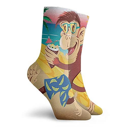 Fashion Compression Socks,Hipster Monkey With Surfboard And Glasses Drinking On Beach In Sunny Day Kids,Performance Polyester Cushioned Athletic Crew Socks for Running,Athletic, -12 inch2