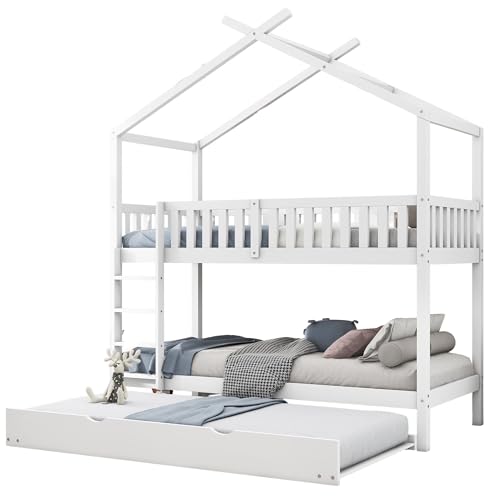 KecDuey 90 x 200 cm litera, tres camas, cuna infantil con somier, cama nido de madera, diseño que ahorra espacio, color blanco