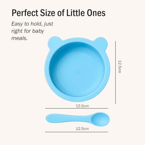 Image of Silicone Baby Feeding Bowl and Spoon Set with Suction Base, BPA-Free, Non-Slip, Safe for Infants and Toddlers Mealtime Blue