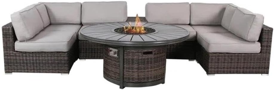 Fire Pit Furniture Seating Patio Set with Fire Pit, Cup Holder 8 Piece Rattan Sectional Set by [CM-4270] (8 Piece Fire Table, Camden Brown)