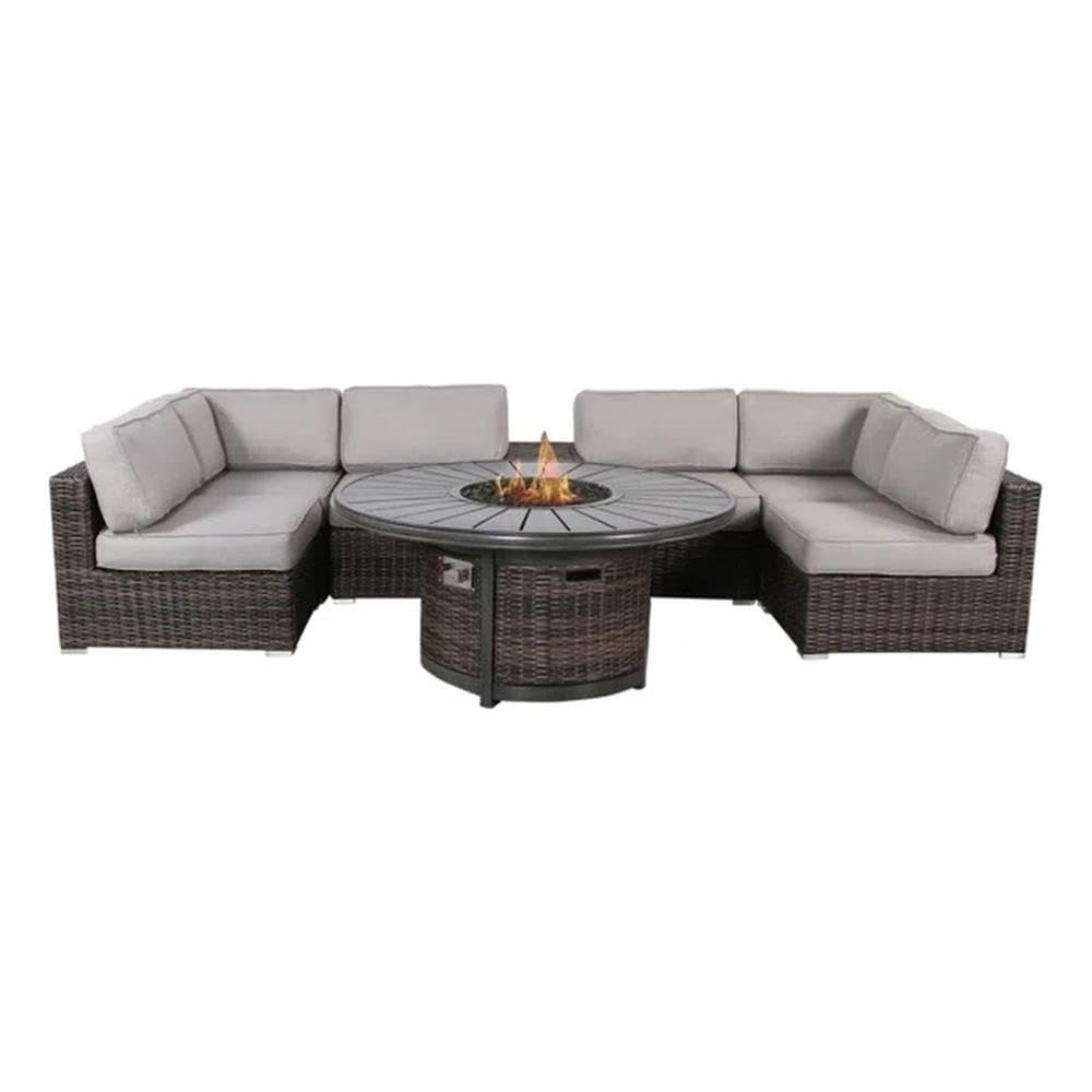 Fire Pit Furniture Seating Patio Set with Fire Pit, Cup Holder 8 Piece Rattan Sectional Set by [CM-4270] (8 Piece Fire Table, Camden Brown)