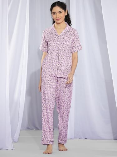 Image of KOTTY Women's Printed Satin Night Suit Shirt & Pyjama Set
