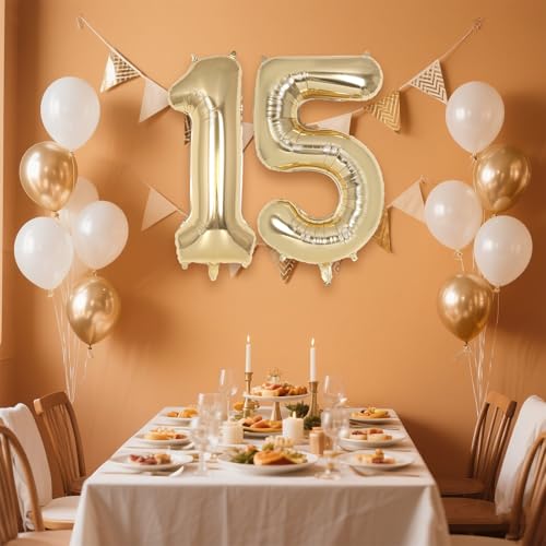 Image of Champagne Gold Large Number 15 Balloon, 40 Inch Light Gold Foil Helium Number Balloons, Giant Mylar Number 15 Balloons for 15 Years Old Birthday Party Anniversary Decorations (Champagne Gold 15)