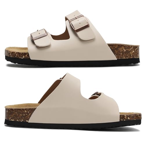 Image of Genuine Leather Cork Footbed Sandals with Arch Support Women Men's Flat Slip Slippers with Adjustable Double Buckle Beach Sandal Memory Foam Slides Open Toe Slipper for Summer Vacation