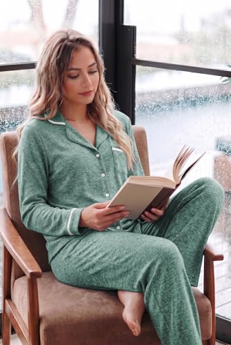 Ekouaer Womens Pajama Sets Long Sleeve Button Down 2 Piece Lounge Set Green - image 5