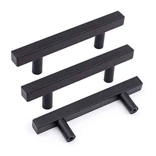 goldenwarm 30 Pack Black Kitchen Cabinet Pulls Modern T Bar Drawer Pulls 3Inch Cabinet Hardware - LSJ22BK76 Euro Style Door Handles Black Drawer Handles Kitchen Hardware