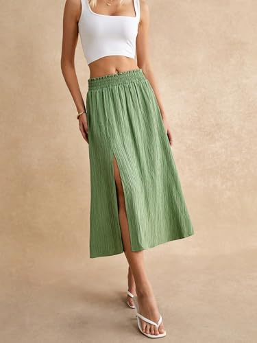 Women's Frill Trim Shirred Split Thigh Midi Skirts High Waisted A Line Summer Skirt