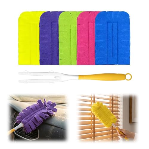 Reusable Duster Refills Compatible with Swiffer 5 Pack Washable Duster Pads with Handle Included 360 Cleaning Fleece Refills for Fan Blinds Furniture Home Cleaning (1)