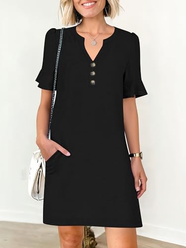 Image of Prinbara Womens Summer Casual Dresses Ruffle Short Sleeve V Neck Button 2026 Spirng Vacation Beach Loose Boho Shift Dress