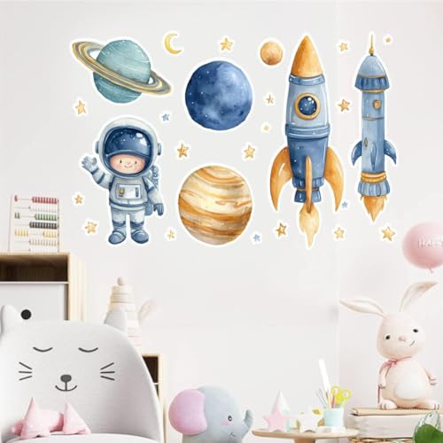 Image of Space Theme Wall Sticker for Kids Room | Astronaut, Rocket & Planet Self Adhesive Wall Decal | Peel & Stick Nursery, Bedroom & Playroom Decoration