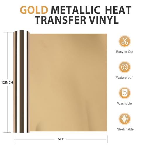 Image of HTVRONT Gold Chrome Heat Transfer Vinyl - 12 inch X5ft Mirror Metallic Gold HTV | Mirror Metallic Gold Iron on Vinyl, Metallic Foil HTV Vinyl Roll for T-Shirts, Chrome HTV Easy to Cut & Weed