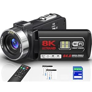 8K Video Camera 64MP Camcorder IR Night Vision Vlogging Camera, 18X Zoom WiFi Digital Touch Screen Camcorder for YouTube with 32GB SD Card, Remote Control, and Two Batteries