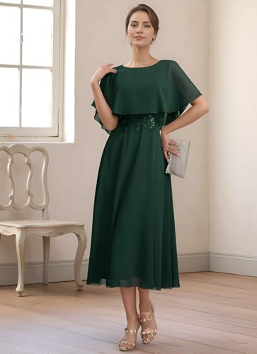 Tea-Length Chiffon Mother of The Bride Dresses Appliques Shawl Formal Wedding Guest Dress4