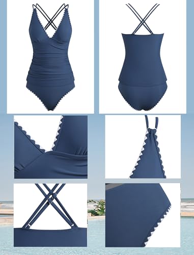 Image of ZAFUL Womens Tankini Swimsuits V Neck Push Up Swim Top Color Block Tummy Control High Waisted Bathing Suits Swim Bottom