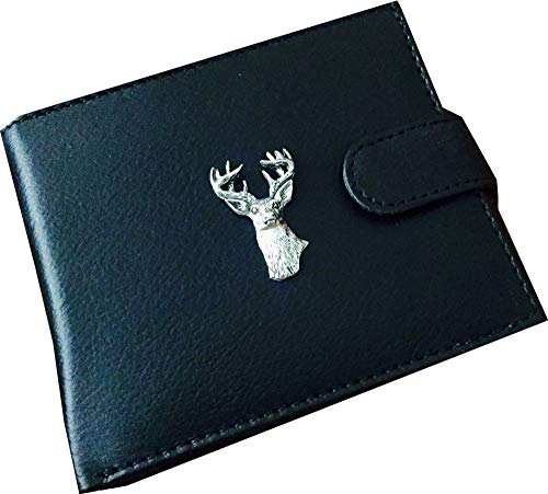 Reallyusefulgifts Antique Pewter Deer Monarch Stag Emblem on a Genuine Cow Hide Leather Money Wallet Business Card and Credit Card Holder Gift