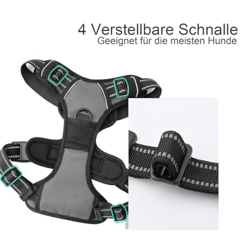 No Pull Hundegeschirr, Verstellbar Atmungsaktiv Reflektierend Weich Gepolstert Hunde Geschirr, Brustgeschirr für Hunde (Grau, L)
