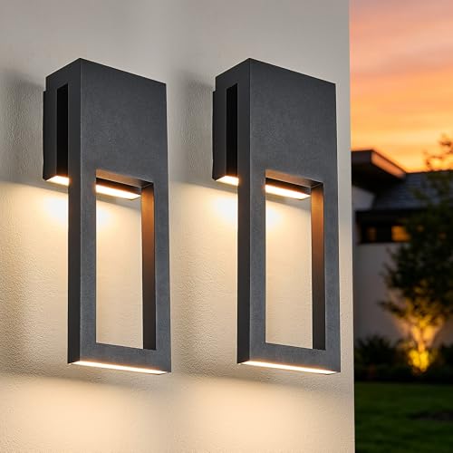 Image of 2-Pack Outdoor LED Lights Dimmable, 3000K Integrated LED 2x10W, 15 inch Modern Textured Black Outdoor Wall Sconce, IP65 Waterproof, Exterior Wall Light for Entrance, Hallway, Garage, Porch