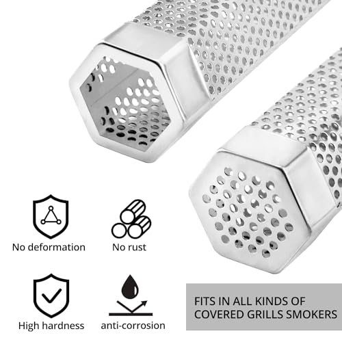 QWORK® 30cm Grill-Räucherrohr aus Edelstahl für Pelletgrill, Hochwertiges Sechseckiges Räucherrohr, Kalträuchergerät für Alle Grills, Heiß-/Kalträuchern