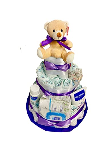 Tarta de pañales DODOT MUSTELA morado (Talla 2 (3-6 kg)) by MomentosGourmet. Regalo para bebé muy práctico. Cesta Canastilla recién nacido. Diaper Cake
