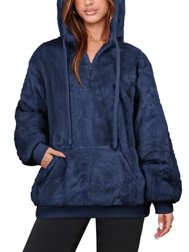 NIeyook Womens Casual Sherpa Blue Hoodie 2024 Winter Warm Fleece Sweatshirts Oversized Fuzzy Pullover Fluffy Hoodies with Pockets M