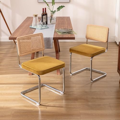Image of Zesthouse Rattan Dining Chairs Set of 6, Mid Century Modern Dining Room Chairs with Natural Cane Mesh & Chrome Base, Yellow Velvet Cesca Chair, Farmhouse Kitchen Chair with Solid Wood Frame Back