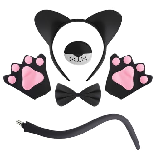 ZONESTA Halloween Cat Costume,Cat Noir Costume Ear and Tail Set with Bow Tie Halloween Decoration Party Christmas Birthday Cosplay