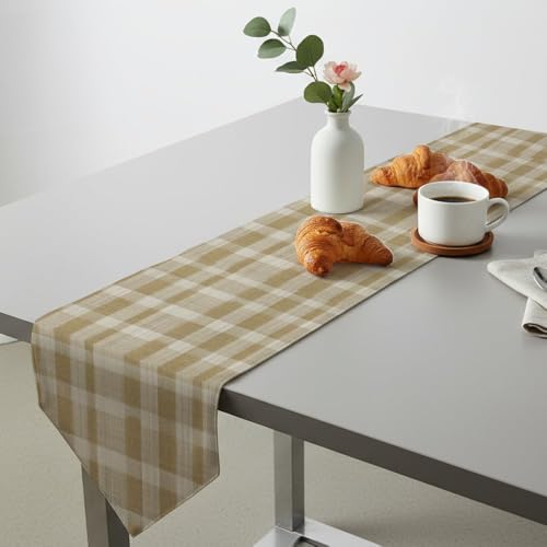 Beige Checkered Plaid Table Runner 108 Inches Long Linen Table Runner Friendsgiving for Dining Decor Centerpiece Kitchen Decor Home Kitchen Party Decorations Indoor Outdoor 14X108 Inch