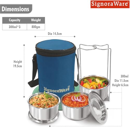 Image of SignoraWare Fine Meal Stainless Steel Lunch Box | Airtight & Leakproof Lid | Compact & Lightweight | Tiffin for Office, School & Travel Use (300ml x 3 | Set of 3 | Steel)