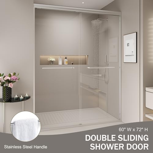 56-60 in. W x 72 in. H Semi-Frameless Double Sliding Shower Door, Tempered Glass Adjustable Width, Explosion-Proof Film, Walk-in Shower Compatible, Brushed Nickel