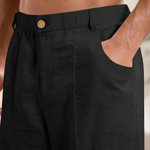Men's Casual Pants Solid Color Elastic Waist Button Trousers Relaxed Lightweight Breathable Beach Pants with Pockets3