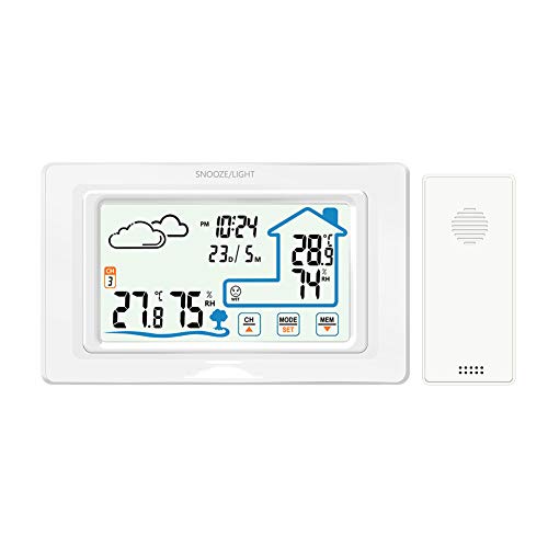 Weather Forecast Alarm Clock,Indoor Outdoor Electronic LCD Touch Screen Monitor Thermometer Hygrometer Wireless Digital Weather Station with 1 Sensor,for Home/Garden,White