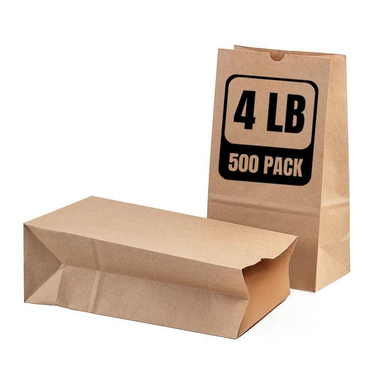 4lb Brown Paper Bags - 500 Count, Eco-Friendly Kraft Paper Bags (9.75"H x 5"L x 3.12"W) for Retail, Grocery, Bakery, & Packaging