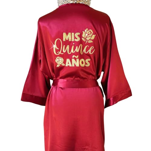 Custom Satin Robe for Mis Quince, Quinceañera Birthday, or Mis 15, Personalized Glitter Design with Rose, Butterfly, Crown, or Tiara, Bata de Quinceañera for Girls