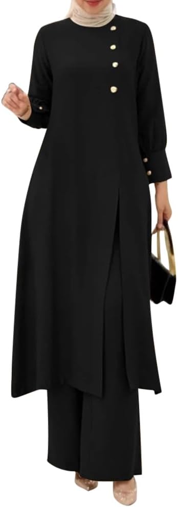 OBEEII Abaya Muslim Ladies’s Set of two Lengthy Sleeve Tops Gown and Trousers Corban Ramadan Outfit Center East Dubai Arabic Islamic Clothes Ladies