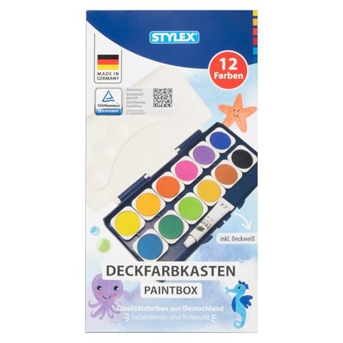 Stylex 28178 - Deckfarbkasten mit 12 Wassermalfarben und einer Tube Deckweiß Wasserfarbkasten mit abnehmbarem Deckel und 6 Mischfeldern